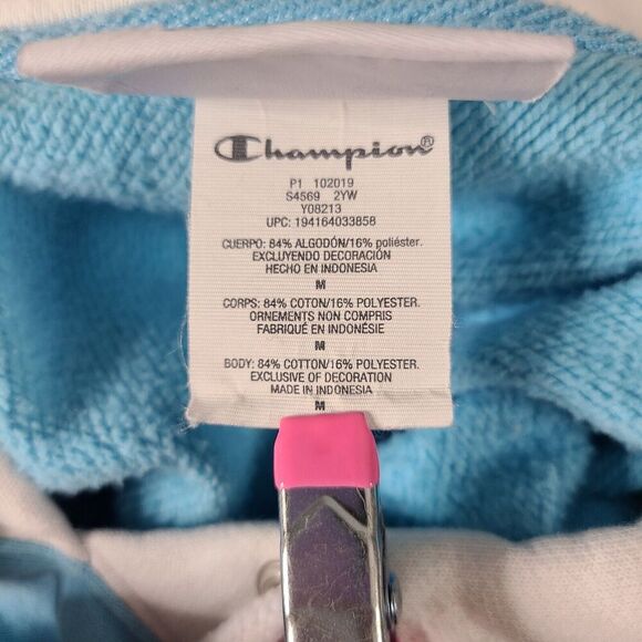 Champion Men Reverse Weave Color Block Hoodie MED Pink Blue White Bold Spell Out - Picture 10 of 12